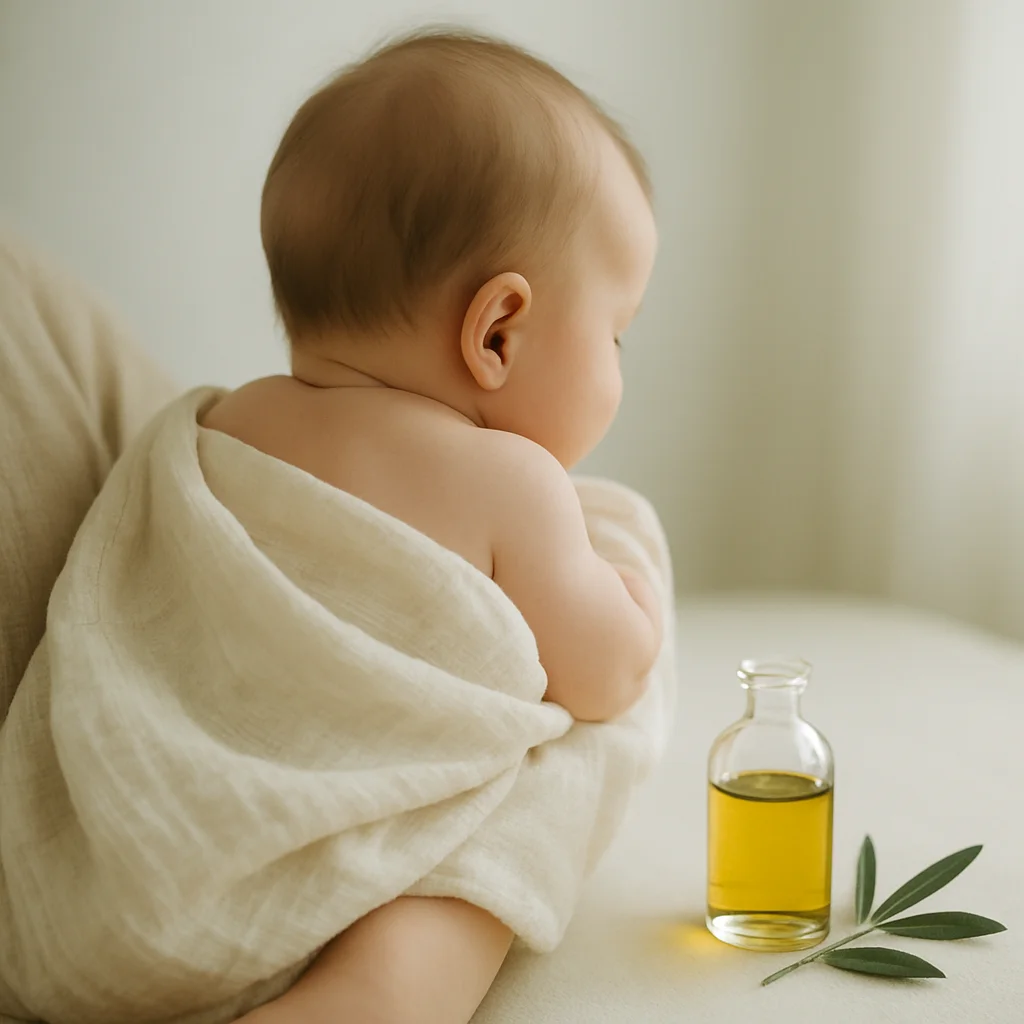 Baby wrapped in a soft muslin next to a bottle of Gentiane Therapy natural liniment by Astelia Ivania.