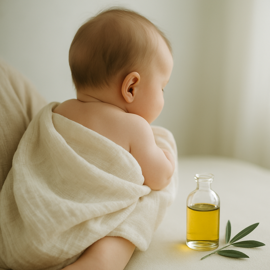 Baby seen from behind wrapped in soft muslin beside natural olive oil and olive leaves