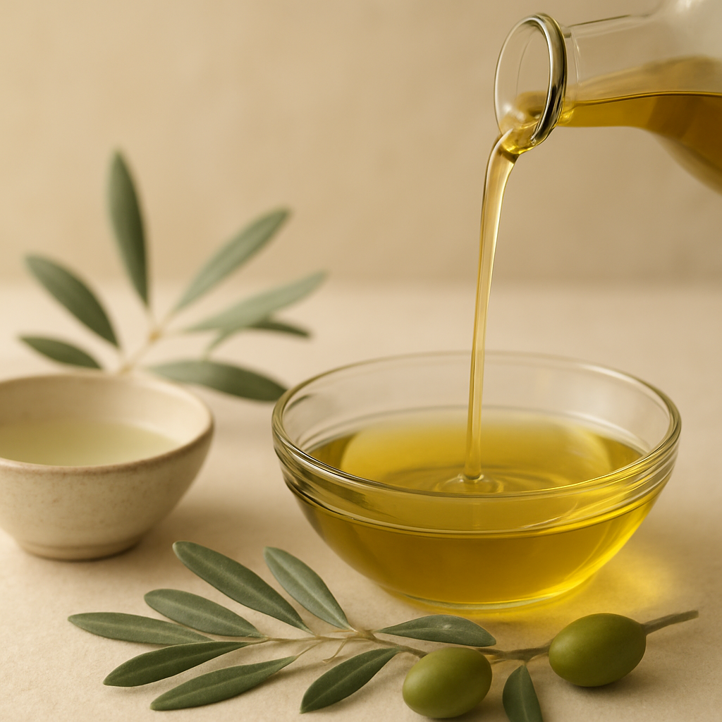 Pure olive oil pouring into a glass dish beside olive branches and limewater