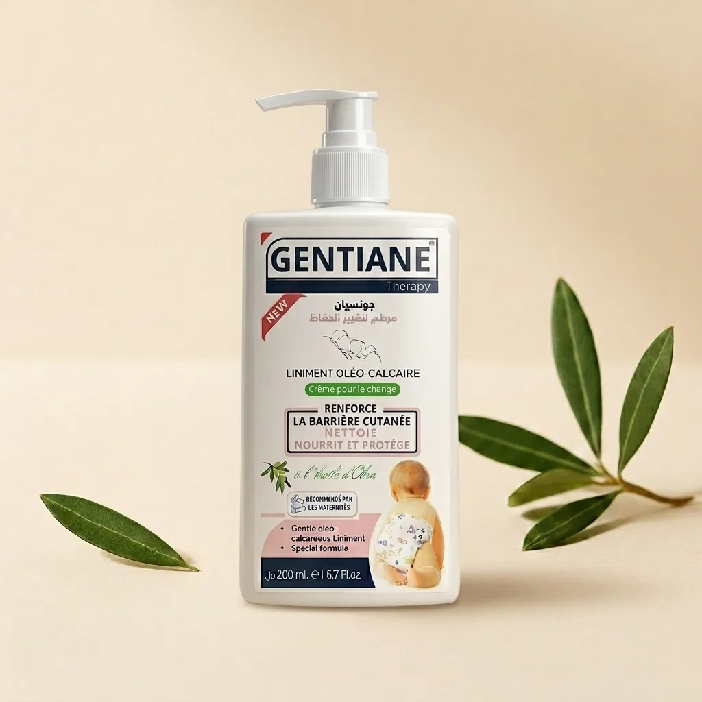 Bottle of Gentiane natural baby liniment next to fresh green olives