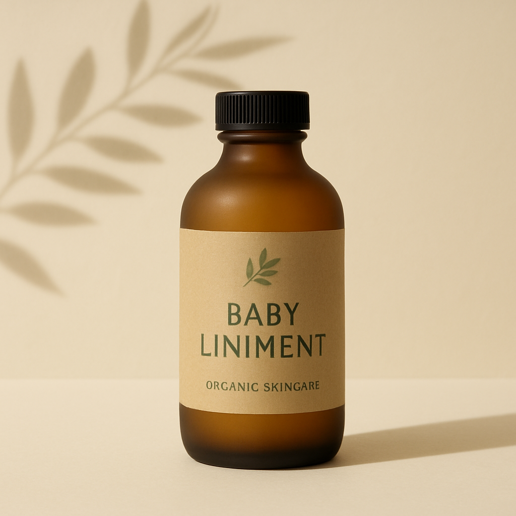 Bottle of Gentiane natural baby liniment next to fresh green olives